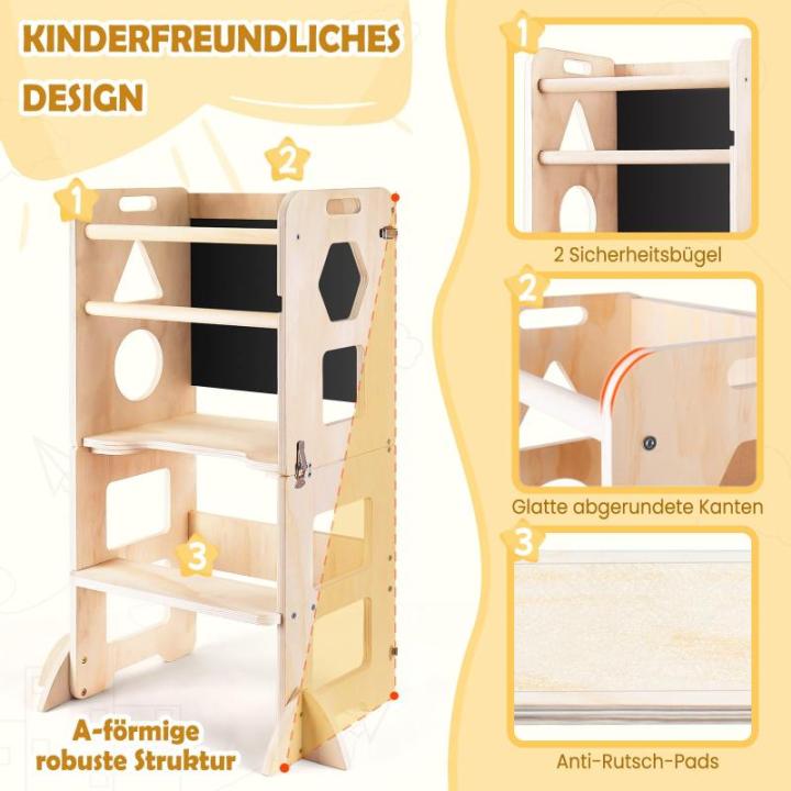 3-in-1 leertoren voor kinderen, inklapbare opstapkruk met bord, leertoren voor kinderen, voor keuken, tafel, badkamer