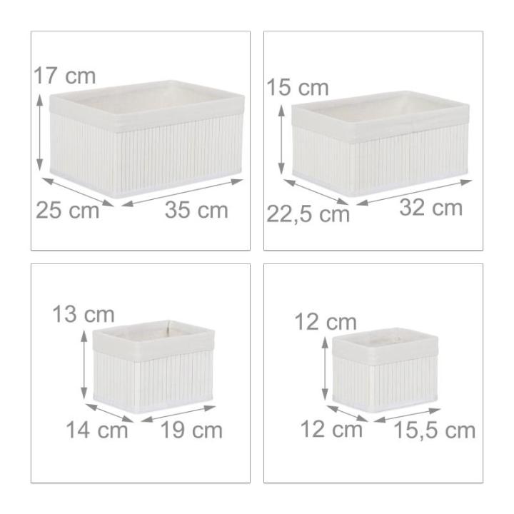 opbergmand bamboe set van 6, met stoffen hoes, rechthoekig, voor woonkamer, badkamer, etc., in het wit