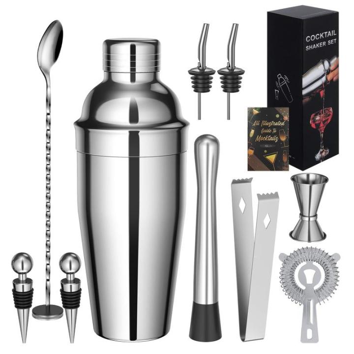 Cocktailshaker, 10 stuks, roestvrij staal, cocktailmixset met receptenboek, 750 ml, premium barkeeperset voor thuis, bar