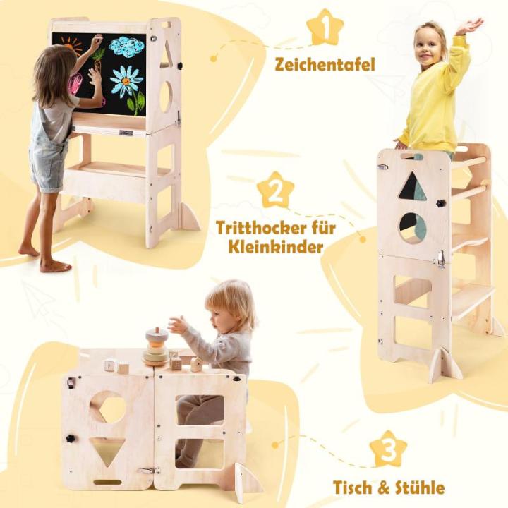 3-in-1 leertoren voor kinderen, inklapbare opstapkruk met bord, leertoren voor kinderen, voor keuken, tafel, badkamer
