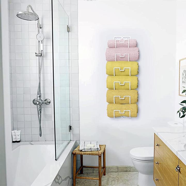 Handdoekhouder voor wandmontage, hangende handdoekstang voor badkamer met 6 vakken, badhanddoekhouder, gastendoekhouder, ruimtebesparende badkameraccessoires, handdoekhouder (wit)