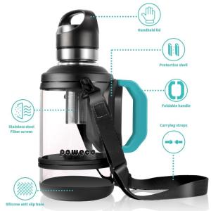 2L glazen waterfles met handvat en riem - 64 oz groot, halve gallon, BPA-vrij, borosilicaatglas, brede mond, roestvrij stalen thee-ei - voor sportschool, sport, training en dagelij