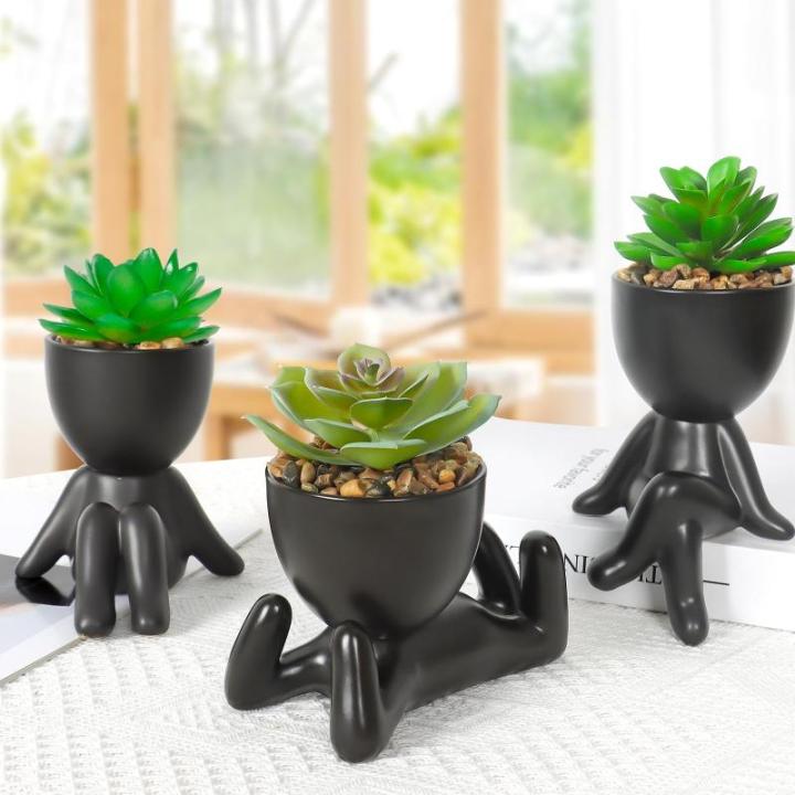 3 stuks nepplanten binnenshuis in zwarte menselijke vormige keramische potten kunstmatige vetplanten potplant mini faux vetplanten decor voor thuiskantoor tafel bureau woonkamer pl