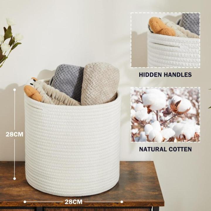Mand gevlochten set van 2 katoen, speelgoedopslag voor kinderkamer, opbergmand, mand voor woonkamer, slaapkamer, 28 (D) x 28 (H) cm, wit