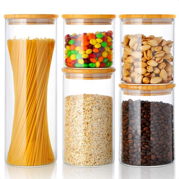 Set van 5 Glazen Voorraadpotten met Bambus Deksel,Luchtdichte Potten Kruidenpotjes Glazen Potten voor Voedsel,Pasta,Poeder