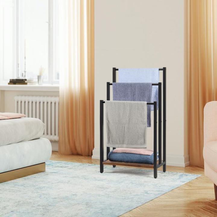 3-laags vrijstaand handdoekenrek, handdoekhouder metalen ladder handdoekhouder droogstandaard met 3 handdoekrails en opbergplank, badkameraccessoires organizer voor badopslag en handdoeken, washandjes, bruin