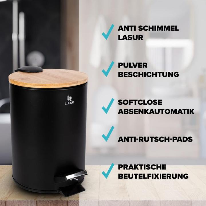 Cosmetica-emmer 3 liter, praktische badprullenbak met bamboedeksel, kleine vuilnisemmer voor badkamer en toilet, antislip hygiënische emmer, zwarte cosmetica-afvalemmer met softcl