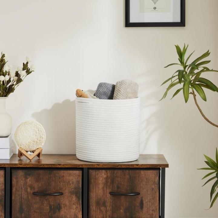 Mand gevlochten set van 2 katoen, speelgoedopslag voor kinderkamer, opbergmand, mand voor woonkamer, slaapkamer, 28 (D) x 28 (H) cm, wit