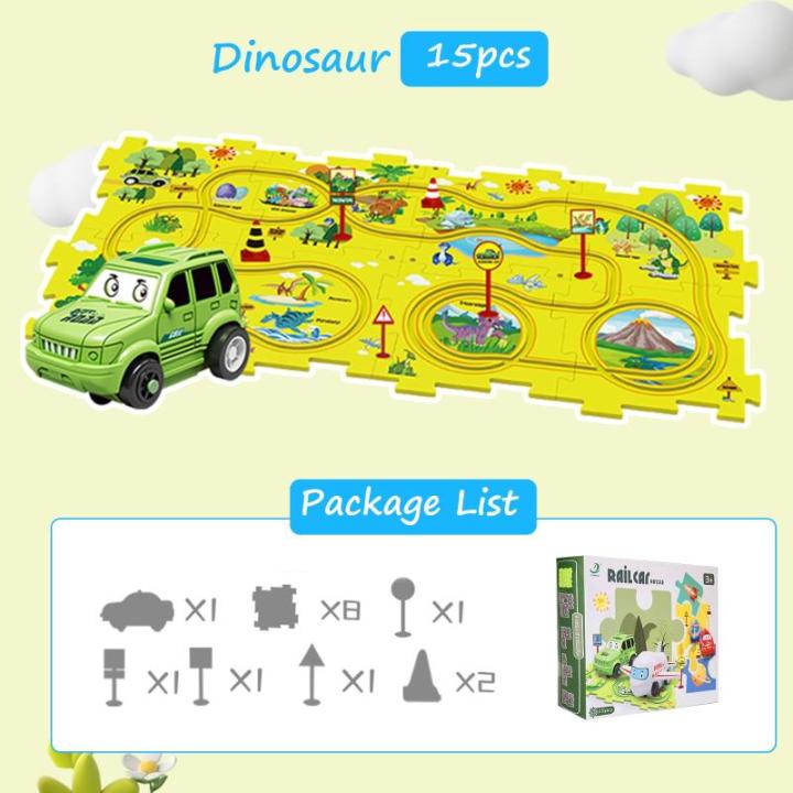 Puzzel speelgoedauto, puzzelrails met voertuigen, speelgoed (batterijen niet inbegrepen), pedagogisch speelgoed, autoracebaan, speelset voor kinderen vanaf 3 jaar (dino's, 15 stuks