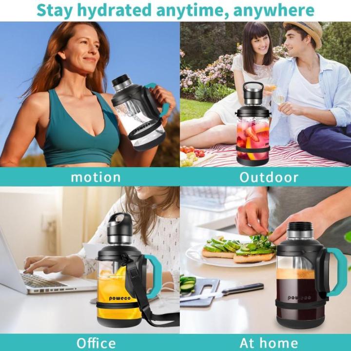 2L glazen waterfles met handvat en riem - 64 oz groot, halve gallon, BPA-vrij, borosilicaatglas, brede mond, roestvrij stalen thee-ei - voor sportschool, sport, training en dagelij