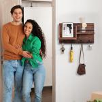 Sleutelhouder voor muur, decoratief houten sleutelrek met plank, rustieke sleutelhouder met 4 dubbele haken voor entree, modderkamer, hal, slaapkamer