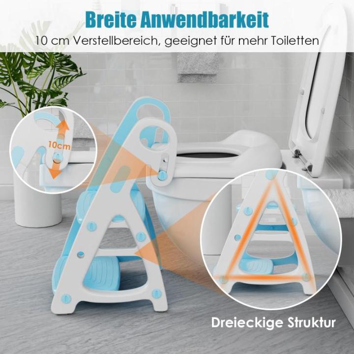Toiletbril voor kinderen met trap, 2-in-1 babytoiletbril met opstapkruk, driehoekige standaard, stabiele potjetrainer met verstelbare trede en zithoogte, PU gevoerd, vergrote trede