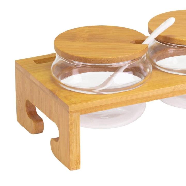 Rekje met jam, 1 standaard + 4 potjes/deksels/lepels, breedte: 38,5 cm, bamboe/glas/keramiek, Tapas + Friends, lichtbruin/wit, 69902260