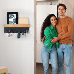 Sleutelrek hout met plank, sleutelhouder sleutelrek met 6 haken, wandsleutelbord voor entree, hal, keuken