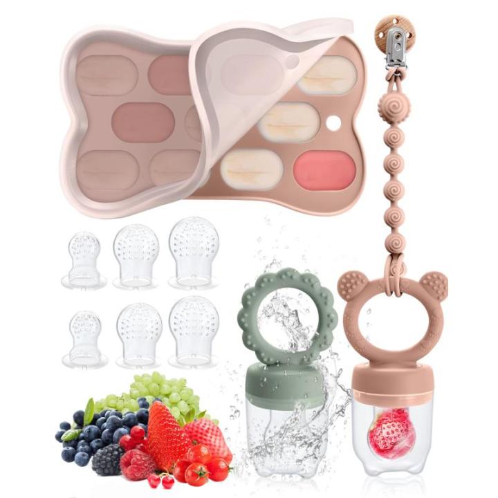 Fruitzuiger voor baby's vanaf 3 4 5 6+ maanden, 2 stuks babyfruitvoeding, voederautomaat & babyvoedings-opbergdoos, fopspeenketting en 6 siliconen in 3 maten, fruitfopspeen voor ba