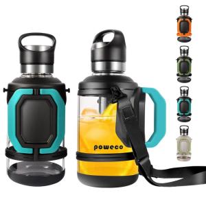 2L glazen waterfles met handvat en riem - 64 oz groot, halve gallon, BPA-vrij, borosilicaatglas, brede mond, roestvrij stalen thee-ei - voor sportschool, sport, training en dagelij