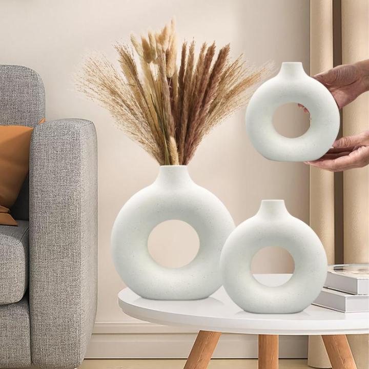 Decoratieve , witte donut, keramische , set 3, vaas voor pampasgras, modern, Scandinavische decoratie, boho beige vaas voor woonkamer, hal, bruiloft, vensterbank, tafel, feest, woo