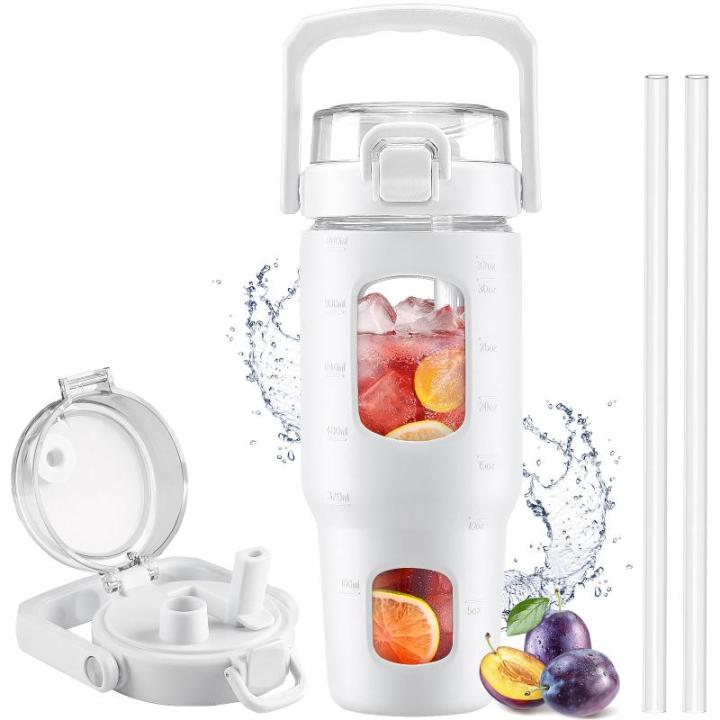 Glazen waterfles, 960 ml, fles met rietje en deksel, drinkwaterfles met handvat, ijskoffiebeker met tijd- en watermarkering en siliconen hoes, BPA-vrij, lekvrij, wit