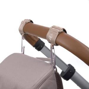 LÄSSIG Kinderwagenbevestiging (2 stuks), klittenbandsluiting, karabijnhaak, karabijnhaak, kinderwagenhaak, winkelhaak, metaal/strollerhaken met karabijnhaak beige
