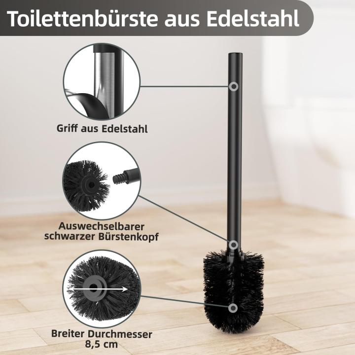 Roestvrijstalen toiletpapierhouder, staand met wc-borstel, toiletpapierhouder met wc-borstel, wc-set met toiletpapierhouder en toiletborstel, wc-rolhouder, staand met glazen plank (zwart, mat)