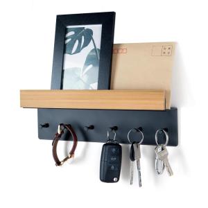 Sleutelrek hout met plank, sleutelhouder sleutelrek met 6 haken, wandsleutelbord voor entree, hal, keuken