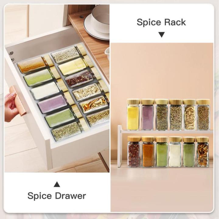 Kruidenpotjes, vierkant, 24 stuks, 120 ml, 10,5 x 4,5 cm, set kruidenpotjes met bamboe schroefdeksel, kruidenstrooier met strooiinzetstuk