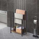 3-laags vrijstaand handdoekenrek, handdoekhouder metalen ladder handdoekhouder droogstandaard met 3 handdoekrails en opbergplank, badkameraccessoires organizer voor badopslag en handdoeken, washandjes, bruin
