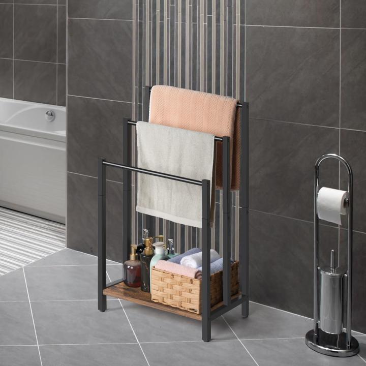 3-laags vrijstaand handdoekenrek, handdoekhouder metalen ladder handdoekhouder droogstandaard met 3 handdoekrails en opbergplank, badkameraccessoires organizer voor badopslag en handdoeken, washandjes, bruin