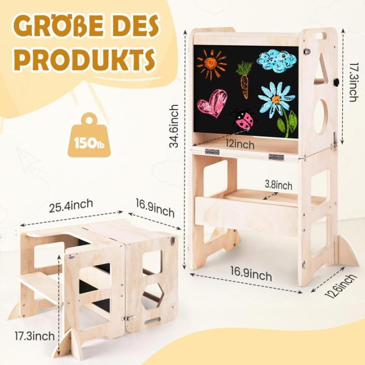 3-in-1 leertoren voor kinderen, inklapbare opstapkruk met bord, leertoren voor kinderen, voor keuken, tafel, badkamer
