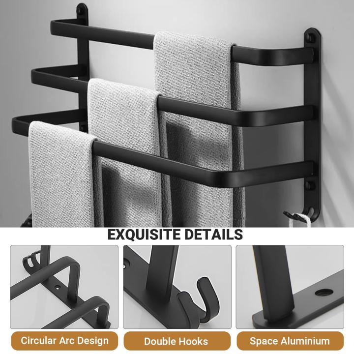 Bozvloh Handdoekhouder zonder boren voor badkamer, zwart, 60 cm, 3-delige aluminium handdoekstang, gastendoekhouder, wand, zelfklevend, voor badkamer, keuken, toilet