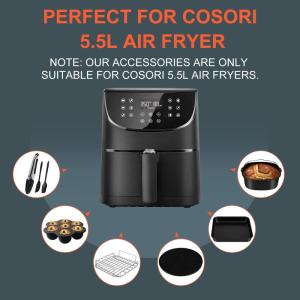 Heteluchtfriteuse accessoires, 9 stuks airfryer-accessoires voor Cosori heteluchtfriteuse 5,5 l, met 8 inch taartvat, pizzapan, spiesstandaard en siliconenmat