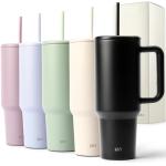 Thermobeker met rietje en handvat, 24 uur ijskoud, 1200 ml, roestvrij staal, isolatiebeker met handvat, drinkbeker met deksel en rietje, moderne tuimelbeker om mee te nemen, met ri