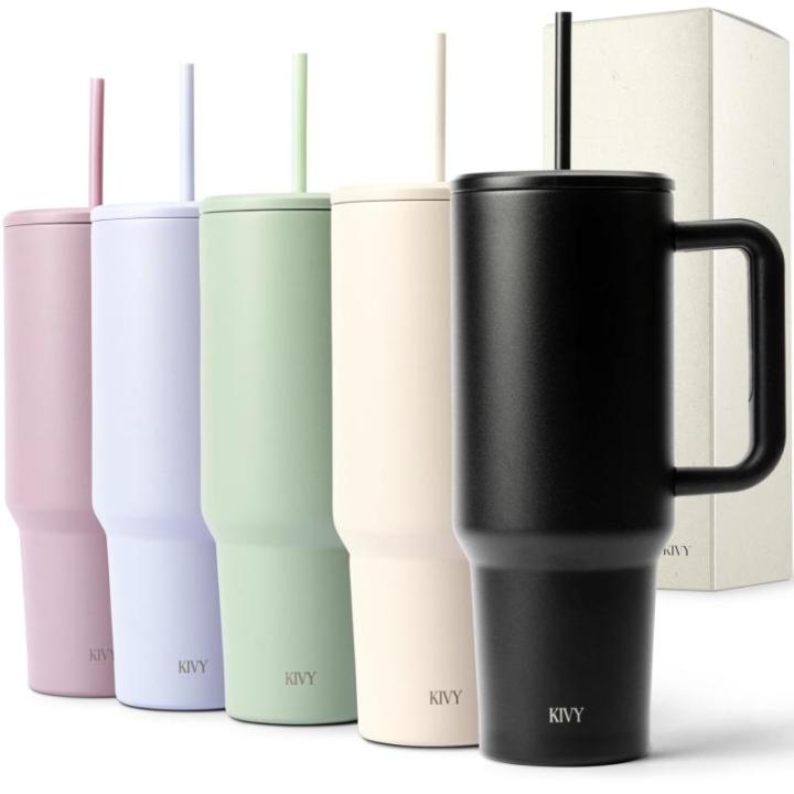 Thermobeker met rietje en handvat, 24 uur ijskoud, 1200 ml, roestvrij staal, isolatiebeker met handvat, drinkbeker met deksel en rietje, moderne tuimelbeker om mee te nemen, met ri