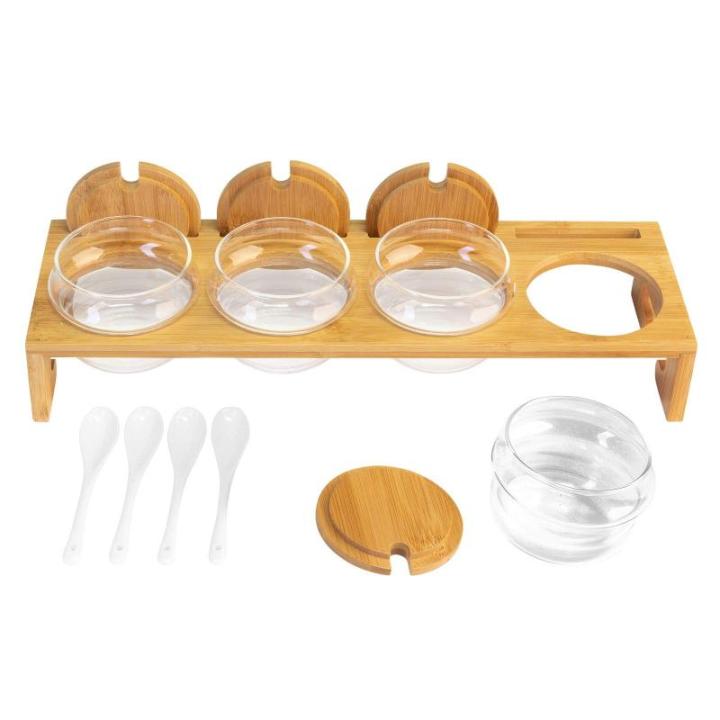 Rekje met jam, 1 standaard + 4 potjes/deksels/lepels, breedte: 38,5 cm, bamboe/glas/keramiek, Tapas + Friends, lichtbruin/wit, 69902260
