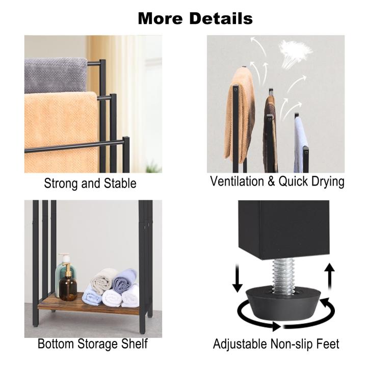 3-laags vrijstaand handdoekenrek, handdoekhouder metalen ladder handdoekhouder droogstandaard met 3 handdoekrails en opbergplank, badkameraccessoires organizer voor badopslag en handdoeken, washandjes, bruin