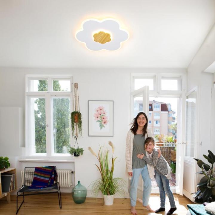 LED plafondlamp Kinderplafondlamp Bloemvorm Houten Kinderkamer Plafondverlichting Dimbaar 3000K-6000K 28W 40cm Jongen Meisje Baby Kinderen Wit Slaapkamerlamp Met Nachtlichtfunctie