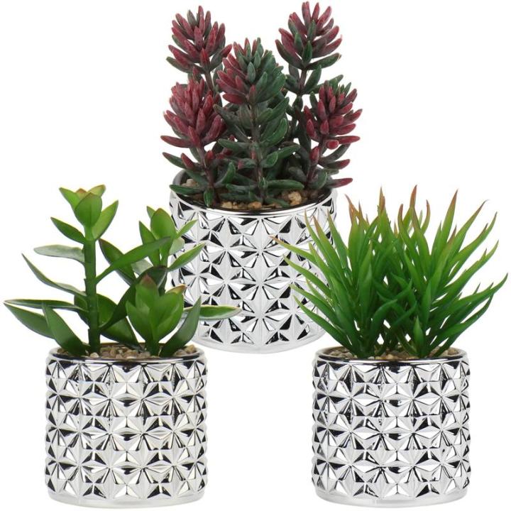 Set van 3 kunstvetplanten, decoratieve plant in zilveren glazen pot, decoratieve mini-vetplanten, kamerplant voor woonkamer, balkon, slaapkamer, badkamer, tafeldecoratie
