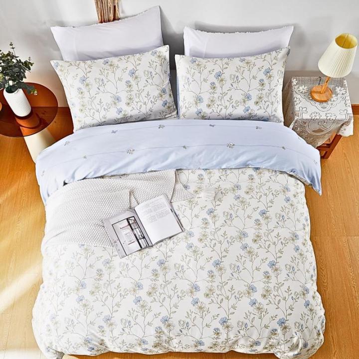 Beddengoed 200 x 200 cm, katoen, blauw, wit, kleine bloemen, bladeren, plantenpatroon, zacht dekbedovertrek, 3-delig, bloemen, esthetisch, botanisch beddengoedsets met 2 kussenslop