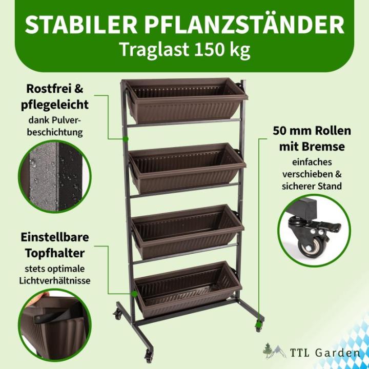 TTL Garden Verticaal bloembed met 4 verticale etages, 151 x 76 x 61 cm, verticale bloembak en balkon, bloembak met 4 plantenbakken, metalen frame, stabiel met wieltjes, voor bloeme