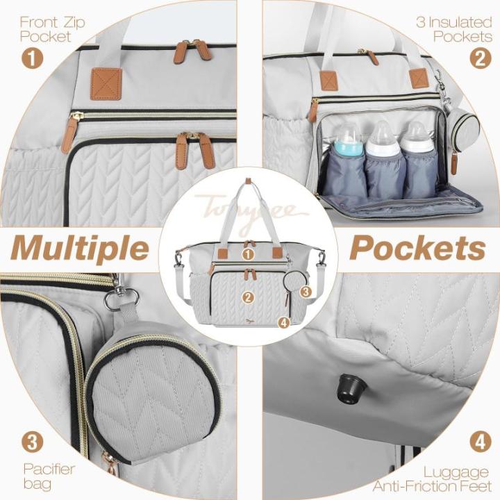 Luiertas met fopspeentas en aankleedonderlegger, schoudertas, multifunctionele babytas voor grote reis-luiertas voor mama en papa, geïsoleerde tassen (grijs)