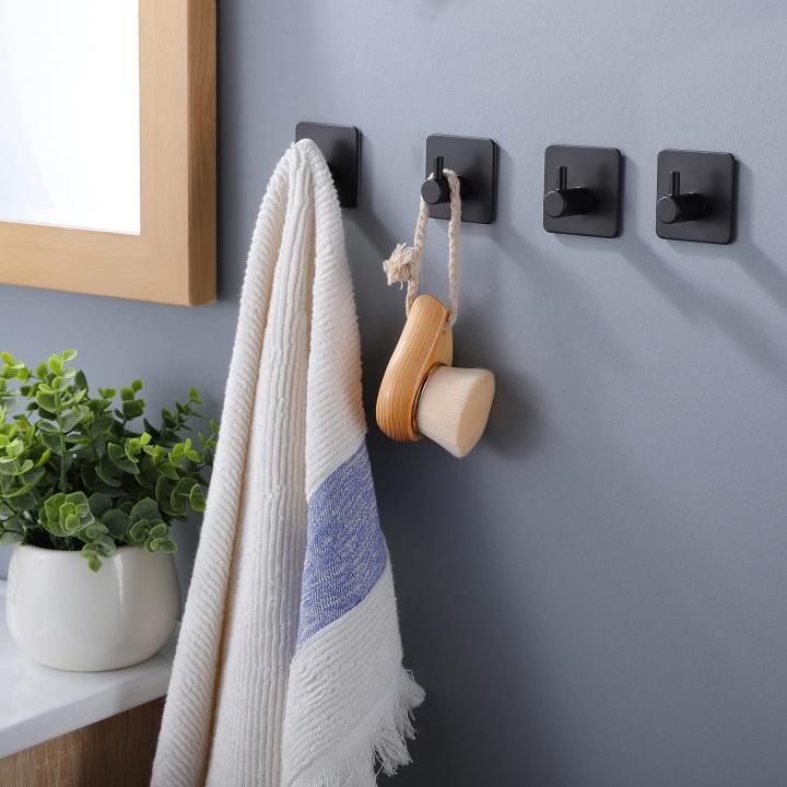 ZUNTO Handdoekhaken, haken, zonder boren, kleefhaken, roestvrij staal, wandhaken, zelfklevend, handdoekhouder voor badkamer, 4 stuks, zwart