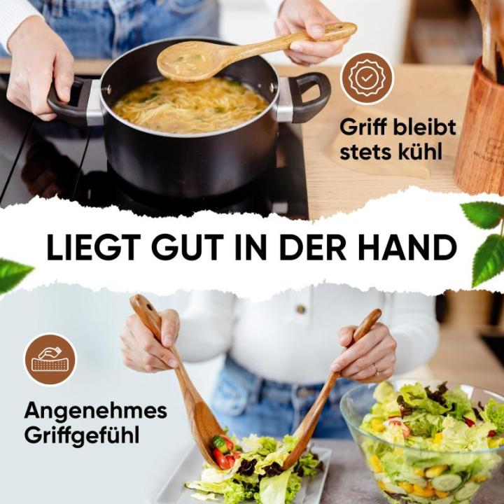 Holzmagie Houten kookbestekset, 15-delig, acaciahouten lepel, hoogwaardig keukengerei voor krasvrij kookplezier, houten kooklepel, keukenhulp, kooklepel, spatel, noedellepel
