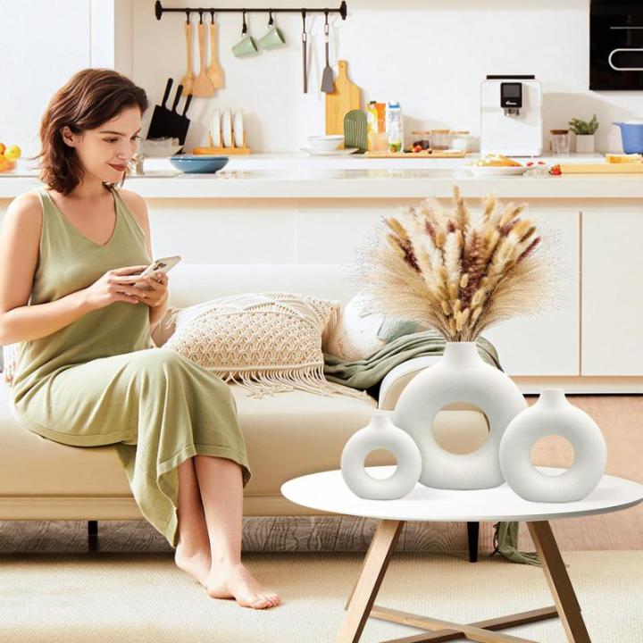 Decoratieve , witte donut, keramische , set 3, vaas voor pampasgras, modern, Scandinavische decoratie, boho beige vaas voor woonkamer, hal, bruiloft, vensterbank, tafel, feest, woo