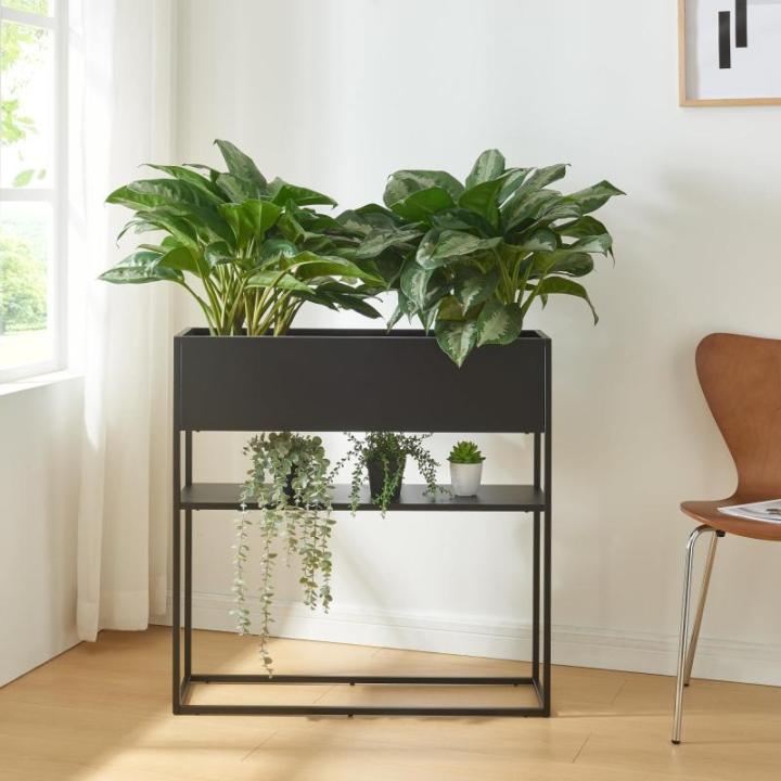 Plantenstandaard Joensuu bloemenstandaard met plank verhoogde plantenbak kruidenbed bloembak van staal 80x80x25 cm zwart