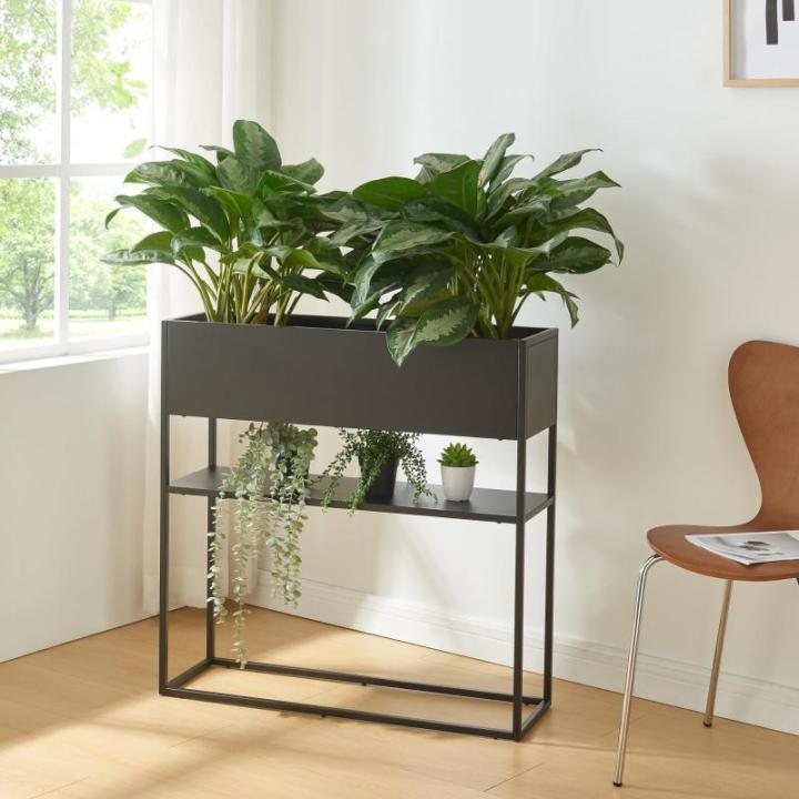 Plantenstandaard Joensuu bloemenstandaard met plank verhoogde plantenbak kruidenbed bloembak van staal 80x80x25 cm zwart