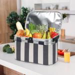 Geïsoleerde koeltas met opvouwbare aluminium handgreep, picknickmand met waterdichte picknickdeken voor kamperen in de open lucht (brede donkerblauwe strepen)
