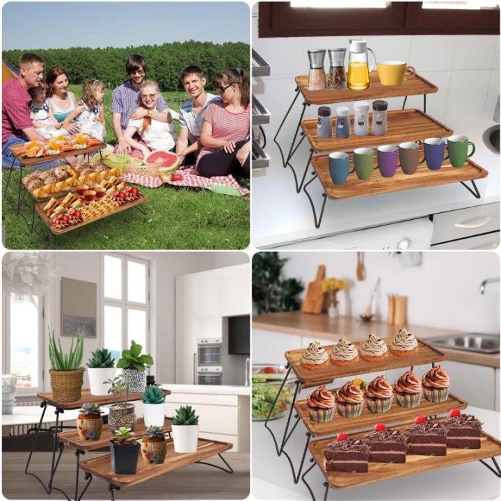3-laags dessertdisplaystandaard, cupcake-standaard en torens, serveerschaalset, draagbare opvouwbare voedseldisplaystandaard, gelaagde kaas-charcuterieborden, acaciahouten dienblad