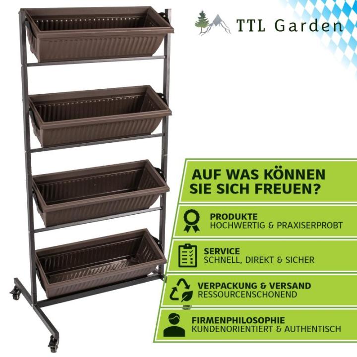 TTL Garden Verticaal bloembed met 4 verticale etages, 151 x 76 x 61 cm, verticale bloembak en balkon, bloembak met 4 plantenbakken, metalen frame, stabiel met wieltjes, voor bloeme