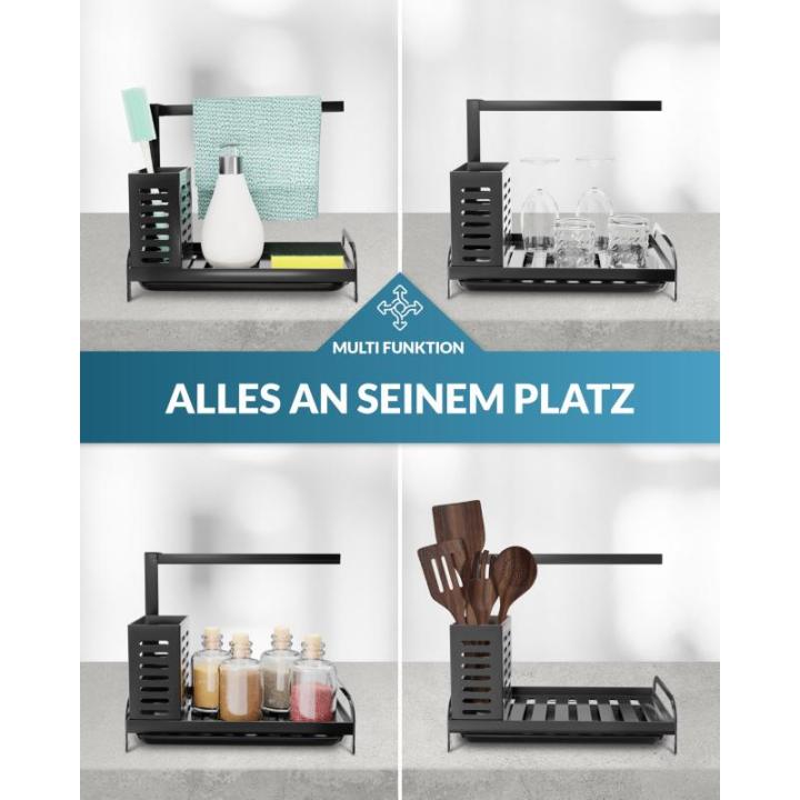 Spoelbakorganizer voor het opbergen van spoel- en keukengerei. Optimalisatie van de keukenorganisatie. Een must-have gadget met verbeterd design – incl. lekbak. Model 2024