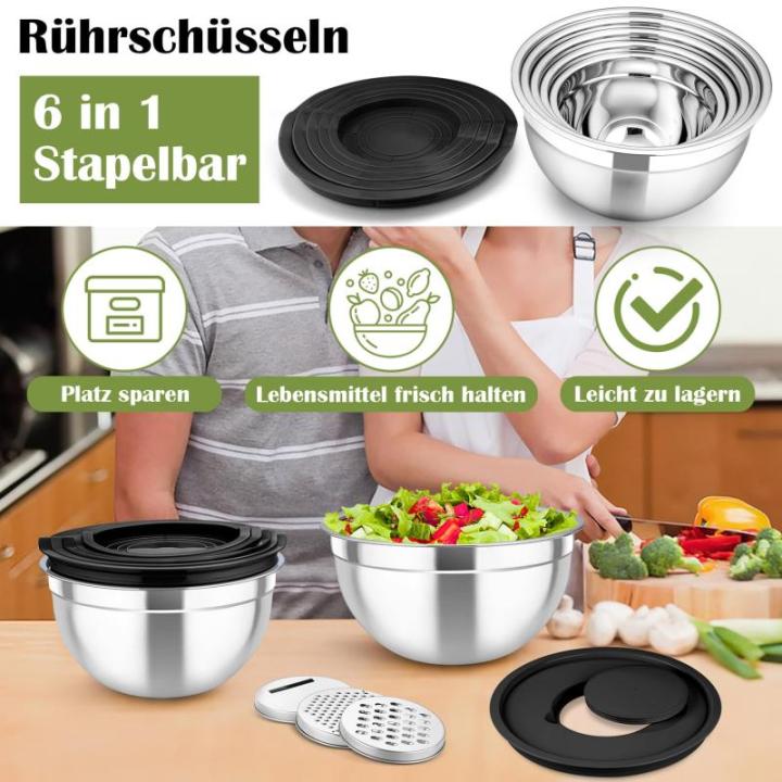 , 6-delige set, roestvrij stalen kommenset, slakommenset met deksel voor keuken, 3 raspopzetstukken en luchtdicht deksel, 4,6 l/2,8 l/2,5 l/1,6 l/1,2 l/0,7 l, zwart, stapelbaar en